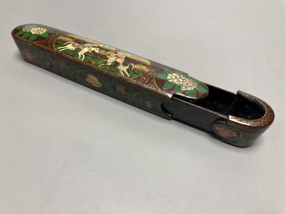 A Chinese scroll holder and a papier mache pen box, 22cm